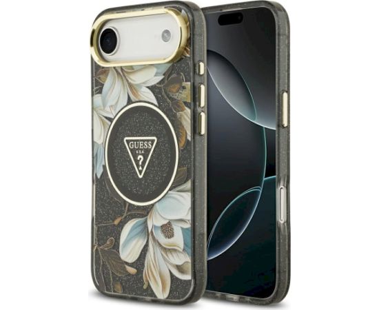 Guess IML Glitter Flowers Triangle MagSafe case Aizsargapvalks priekš iPhone Air / melns Neoriģinālie Maciņi