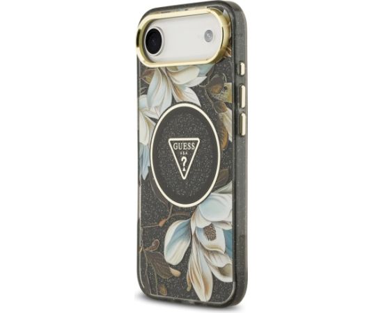 Guess IML Glitter Flowers Triangle MagSafe case Aizsargapvalks priekš iPhone Air / melns Neoriģinālie Maciņi
