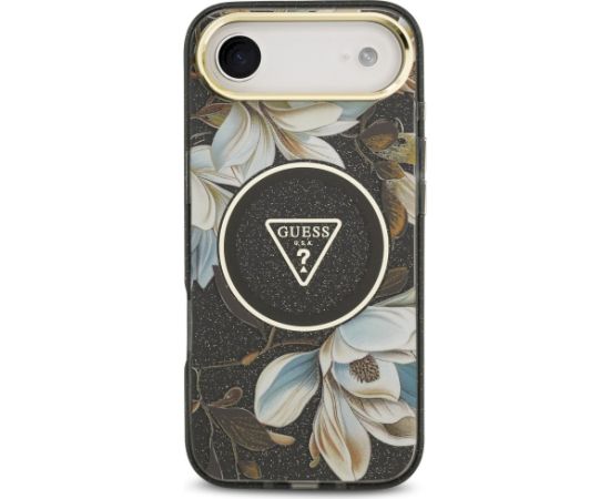 Guess IML Glitter Flowers Triangle MagSafe case Aizsargapvalks priekš iPhone Air / melns Neoriģinālie Maciņi