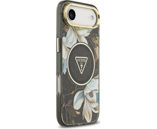 Guess IML Glitter Flowers Triangle MagSafe case Aizsargapvalks priekš iPhone Air / melns Neoriģinālie Maciņi