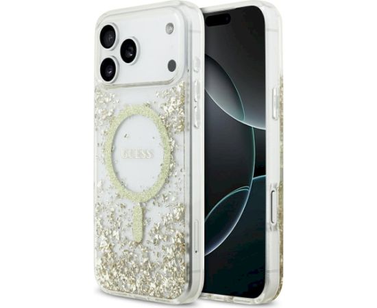 Guess Resin Bottom Glitter MagSafe Aizsargapvalks priekš iPhone 17 Pro Max / zelta Neoriģinālie Maciņi