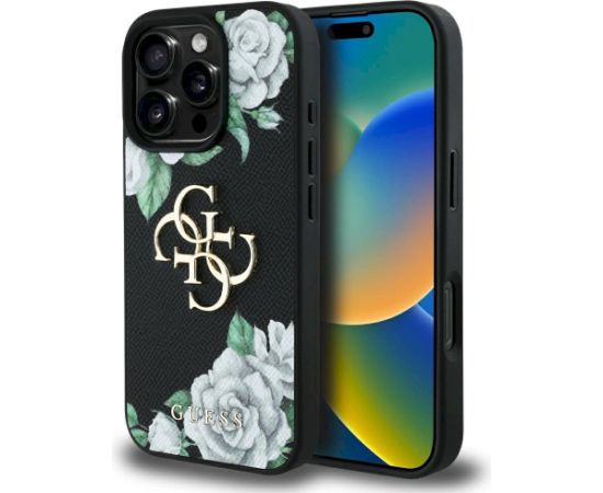 Guess Grained Roses Big 4G logo Aizsargapvalks priekš iPhone 16 Pro Max / melns Neoriģinālie Maciņi