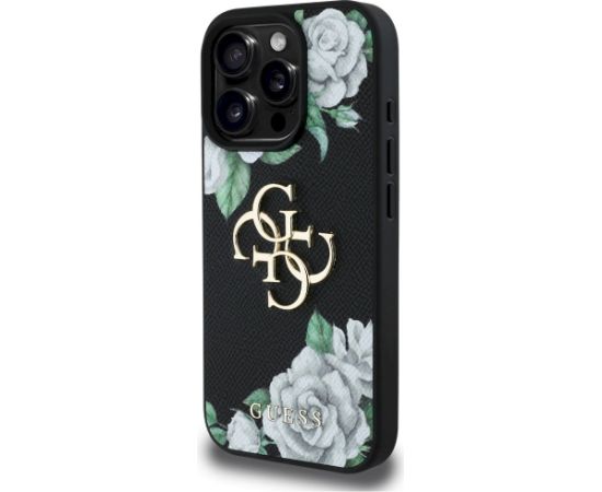 Guess Grained Roses Big 4G logo Aizsargapvalks priekš iPhone 16 Pro Max / melns Neoriģinālie Maciņi