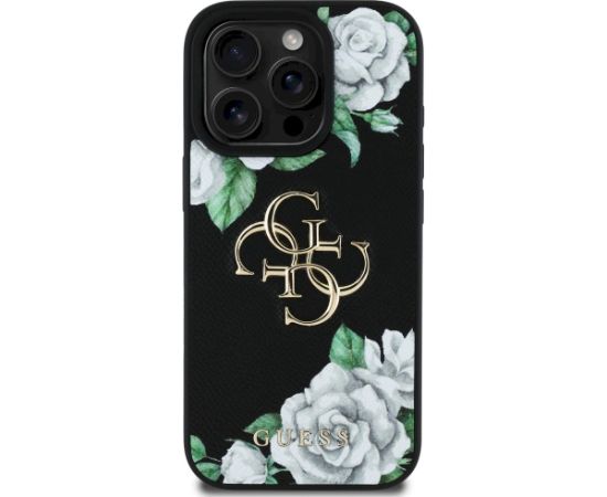 Guess Grained Roses Big 4G logo Aizsargapvalks priekš iPhone 16 Pro Max / melns Neoriģinālie Maciņi