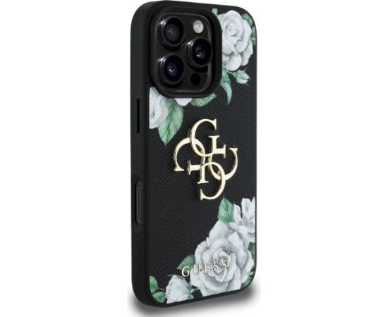 Guess Grained Roses Big 4G logo Aizsargapvalks priekš iPhone 16 Pro Max / melns Neoriģinālie Maciņi