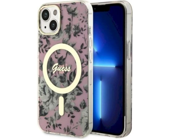 Guess GUHMP14MHCFWSP Hardcase Flower MagSafe Aizsargapvalks priekš iPhone 14 Plus / 15 Plus 6.7" / rozā Neoriģinālie Maciņi