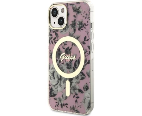 Guess GUHMP14MHCFWSP Hardcase Flower MagSafe Aizsargapvalks priekš iPhone 14 Plus / 15 Plus 6.7" / rozā Neoriģinālie Maciņi