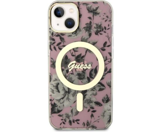 Guess GUHMP14MHCFWSP Hardcase Flower MagSafe Aizsargapvalks priekš iPhone 14 Plus / 15 Plus 6.7" / rozā Neoriģinālie Maciņi