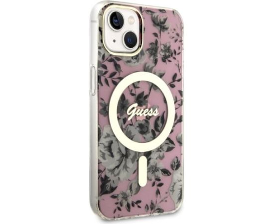 Guess GUHMP14MHCFWSP Hardcase Flower MagSafe Aizsargapvalks priekš iPhone 14 Plus / 15 Plus 6.7" / rozā Neoriģinālie Maciņi