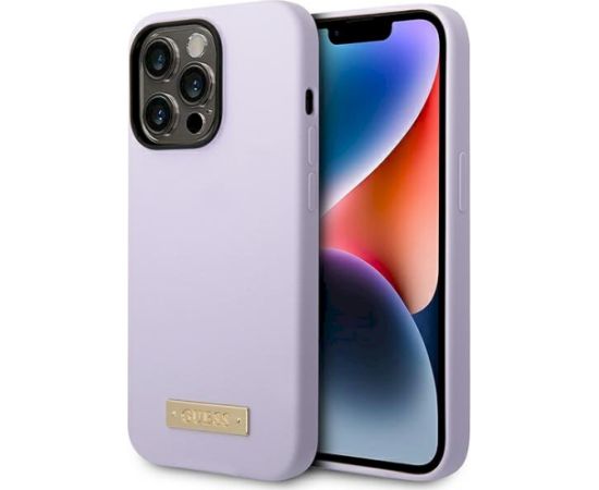 Guess GUHMP14LSBPLU Silicone Logo Plate MagSafe Aizsargapvalks priekš iPhone 14 Pro 6,1" / violets Neoriģinālie Maciņi
