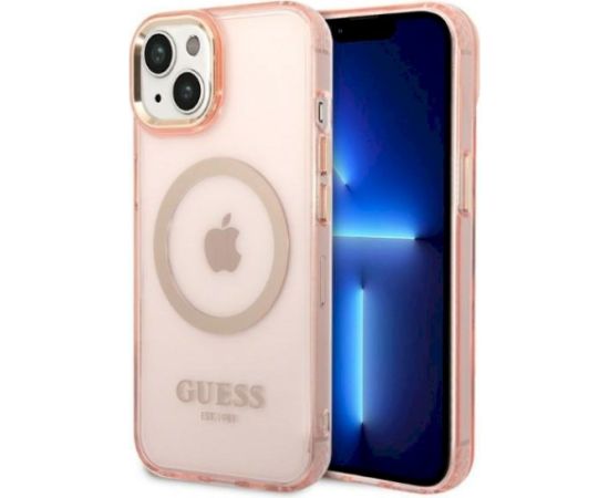 Guess GUHMP14MHTCMP Hardcase Gold Outline Translucent MagS Aizsargapvalks priekš iPhone 14 Plus/15 Plus 6.7" / rozā Neoriģinālie Maciņi