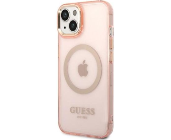Guess GUHMP14MHTCMP Hardcase Gold Outline Translucent MagS Aizsargapvalks priekš iPhone 14 Plus/15 Plus 6.7" / rozā Neoriģinālie Maciņi