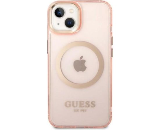 Guess GUHMP14MHTCMP Hardcase Gold Outline Translucent MagS Aizsargapvalks priekš iPhone 14 Plus/15 Plus 6.7" / rozā Neoriģinālie Maciņi