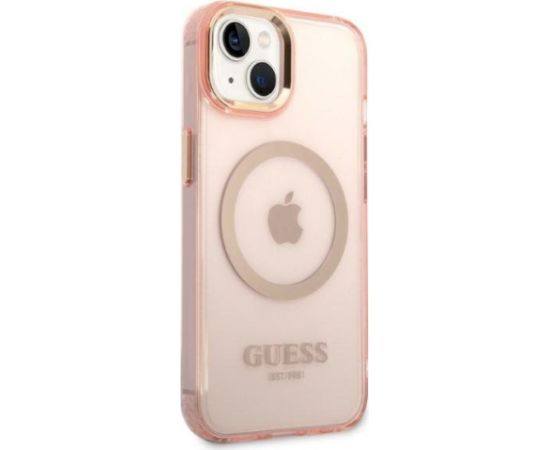 Guess GUHMP14MHTCMP Hardcase Gold Outline Translucent MagS Aizsargapvalks priekš iPhone 14 Plus/15 Plus 6.7" / rozā Neoriģinālie Maciņi