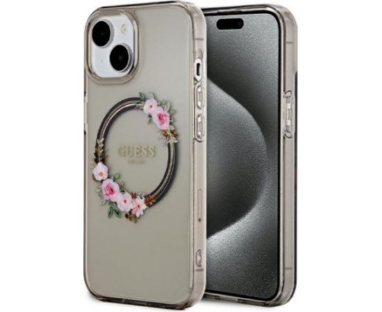 Guess GUHMP15SHFWFCK Hardcase IML Flowers Wreatch MagSafe Aizsargapvalks priekš iPhone 15 / 14 / 13 6.1" / melns Neoriģinālie Maciņi