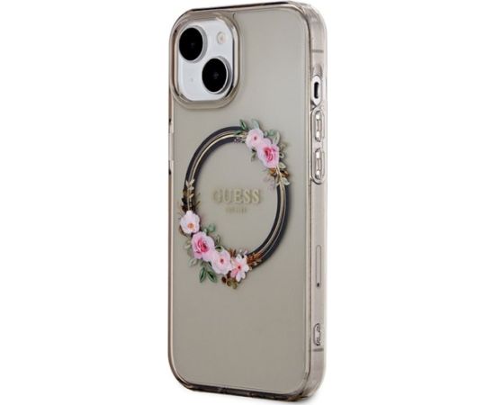 Guess GUHMP15SHFWFCK Hardcase IML Flowers Wreatch MagSafe Aizsargapvalks priekš iPhone 15 / 14 / 13 6.1" / melns Neoriģinālie Maciņi