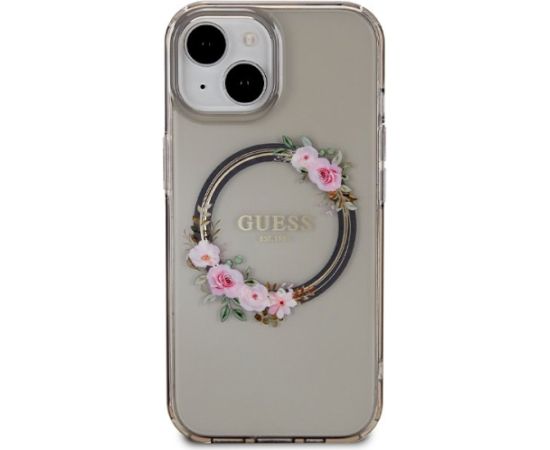 Guess GUHMP15SHFWFCK Hardcase IML Flowers Wreatch MagSafe Aizsargapvalks priekš iPhone 15 / 14 / 13 6.1" / melns Neoriģinālie Maciņi