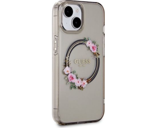 Guess GUHMP15SHFWFCK Hardcase IML Flowers Wreatch MagSafe Aizsargapvalks priekš iPhone 15 / 14 / 13 6.1" / melns Neoriģinālie Maciņi