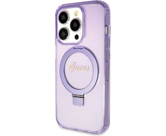 Guess GUHMP14XHRSGSU Aizsargapvalks priekš iPhone 14 Pro Max 6.7" ar gredzenu- statīvu Script Glitter MagSafe / violets Neoriģinālie Maciņi