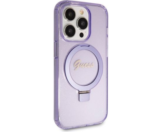 Guess GUHMP14XHRSGSU Aizsargapvalks priekš iPhone 14 Pro Max 6.7" ar gredzenu- statīvu Script Glitter MagSafe / violets Neoriģinālie Maciņi