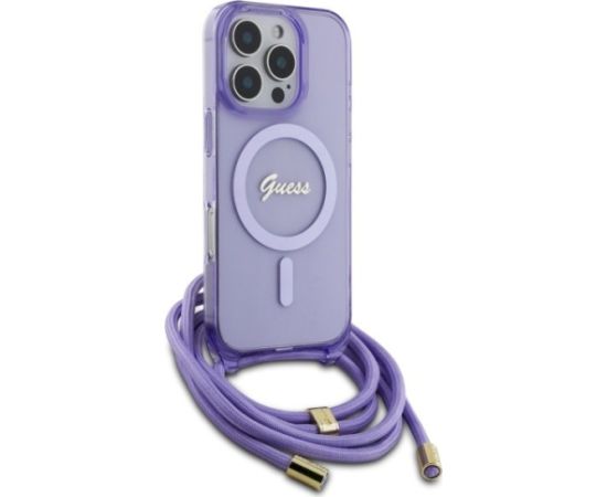 Guess GUHMP16LHCTSGNSU Hardcase Crossbody Cord Script MagSafe Aizsargapvalks priekš iPhone 16 Pro 6.3" / violets Neoriģinālie Maciņi