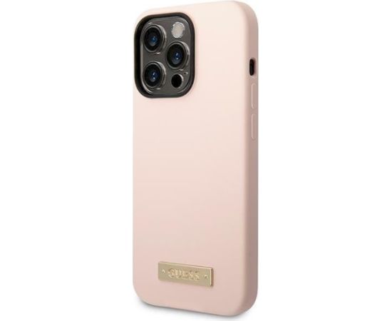 Guess GUHMP14LSBPLP Hardcase Silicone Logo Plate MagSafe Aizsargapvalks priekš iPhone 14 Pro 6,1" / rozā Neoriģinālie Maciņi