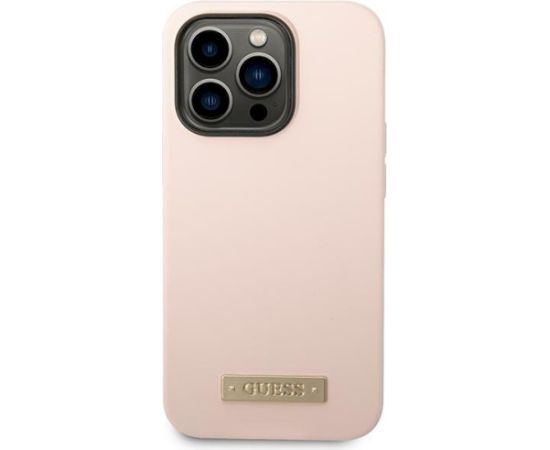 Guess GUHMP14LSBPLP Hardcase Silicone Logo Plate MagSafe Aizsargapvalks priekš iPhone 14 Pro 6,1" / rozā Neoriģinālie Maciņi
