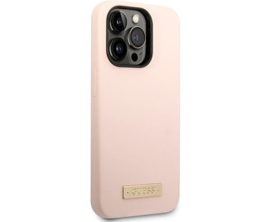 Guess GUHMP14LSBPLP Hardcase Silicone Logo Plate MagSafe Aizsargapvalks priekš iPhone 14 Pro 6,1" / rozā Neoriģinālie Maciņi