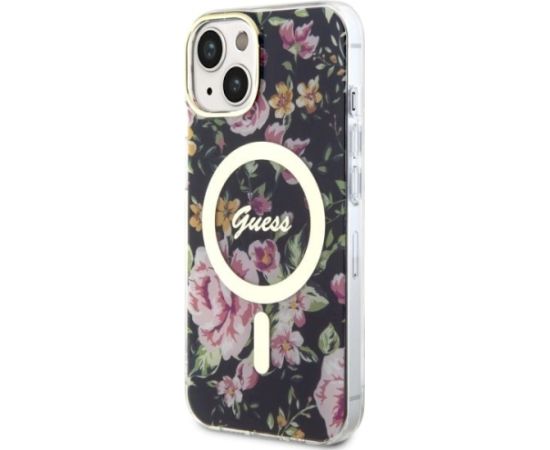 Guess GUHMP14MHCFWSK Flower MagSafe Aizsargapvalks priekš iPhone 14 Plus / 15 Plus 6.7" / melns Neoriģinālie Maciņi