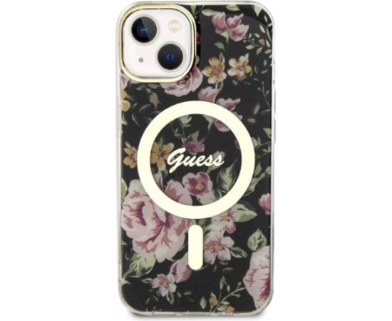 Guess GUHMP14MHCFWSK Flower MagSafe Aizsargapvalks priekš iPhone 14 Plus / 15 Plus 6.7" / melns Neoriģinālie Maciņi