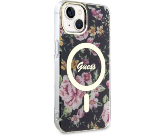 Guess GUHMP14MHCFWSK Flower MagSafe Aizsargapvalks priekš iPhone 14 Plus / 15 Plus 6.7" / melns Neoriģinālie Maciņi