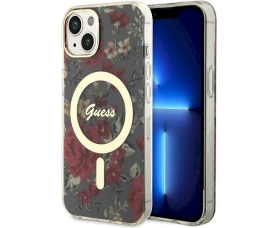 Guess GUHMP14MHCFWSA Hardcase Flower MagSafe Aizsargapvalks priekš iPhone 14 Plus / 15 Plus 6.7" / haki Neoriģinālie Maciņi