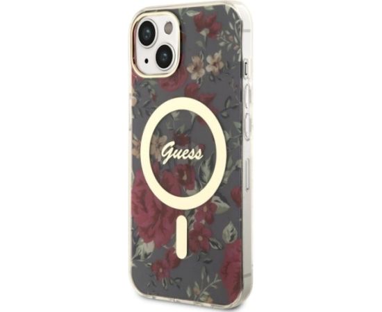 Guess GUHMP14MHCFWSA Hardcase Flower MagSafe Aizsargapvalks priekš iPhone 14 Plus / 15 Plus 6.7" / haki Neoriģinālie Maciņi