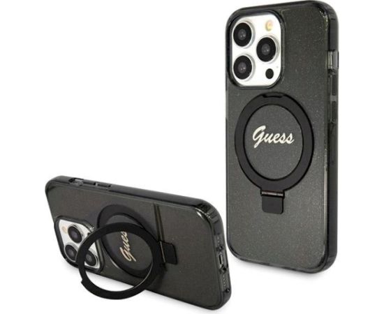 Guess GUHMP14XHRSGSK Hardcase Ring Stand Script Glitter MagSafe Aizsargapvalks priekš iPhone 14 Pro Max 6.7" / melns Neoriģinālie Maciņi
