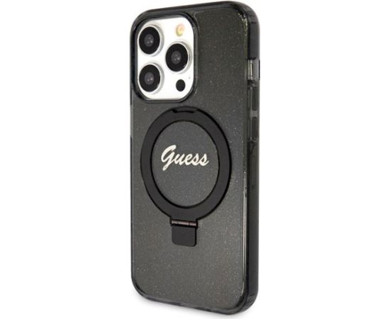 Guess GUHMP14XHRSGSK Hardcase Ring Stand Script Glitter MagSafe Aizsargapvalks priekš iPhone 14 Pro Max 6.7" / melns Neoriģinālie Maciņi