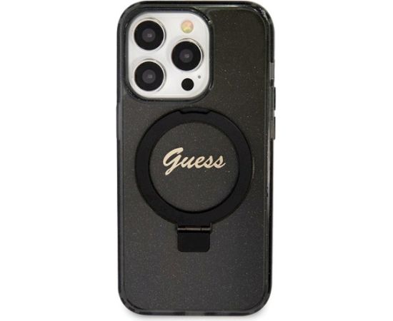 Guess GUHMP14XHRSGSK Hardcase Ring Stand Script Glitter MagSafe Aizsargapvalks priekš iPhone 14 Pro Max 6.7" / melns Neoriģinālie Maciņi
