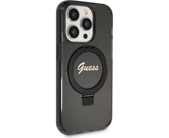 Guess GUHMP14XHRSGSK Hardcase Ring Stand Script Glitter MagSafe Aizsargapvalks priekš iPhone 14 Pro Max 6.7" / melns Neoriģinālie Maciņi