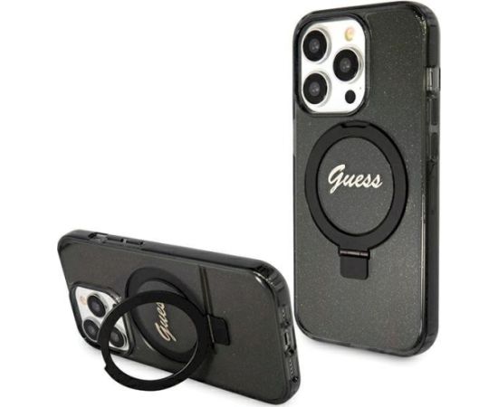 Guess GUHMP15LHRSGSK Hardcase Ring Stand Script Glitter MagSafe Aizsargapvalks priekš iPhone 15 Pro 6.1" / melns Neoriģinālie Maciņi