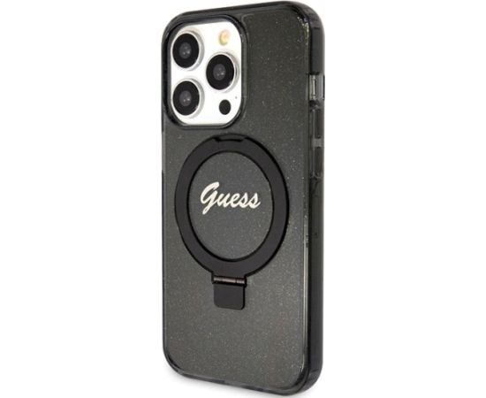 Guess GUHMP15LHRSGSK Hardcase Ring Stand Script Glitter MagSafe Aizsargapvalks priekš iPhone 15 Pro 6.1" / melns Neoriģinālie Maciņi