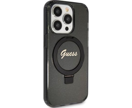 Guess GUHMP15LHRSGSK Hardcase Ring Stand Script Glitter MagSafe Aizsargapvalks priekš iPhone 15 Pro 6.1" / melns Neoriģinālie Maciņi