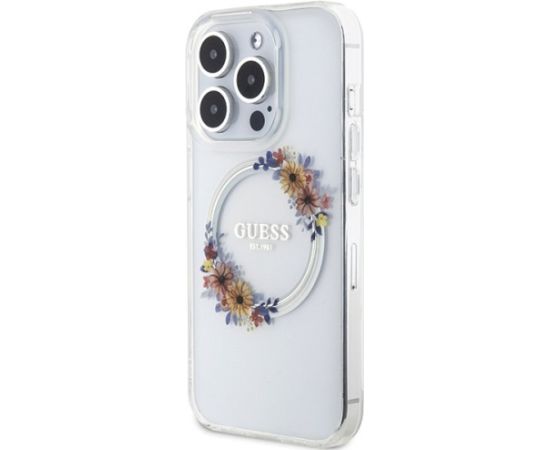 Guess GUHMP15LHFWFCT Hardcase IML Flowers Wreath MagSafe Aizsargapvalks priekš iPhone 15 Pro 6.1" / caurspīdīgs Neoriģinālie Maciņi