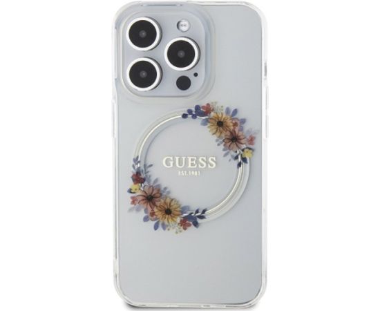 Guess GUHMP15LHFWFCT Hardcase IML Flowers Wreath MagSafe Aizsargapvalks priekš iPhone 15 Pro 6.1" / caurspīdīgs Neoriģinālie Maciņi