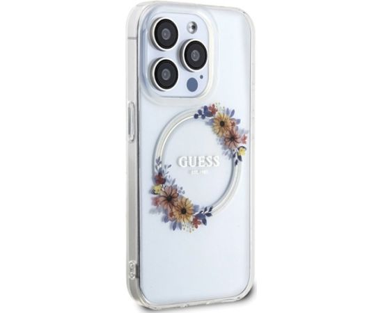 Guess GUHMP15LHFWFCT Hardcase IML Flowers Wreath MagSafe Aizsargapvalks priekš iPhone 15 Pro 6.1" / caurspīdīgs Neoriģinālie Maciņi