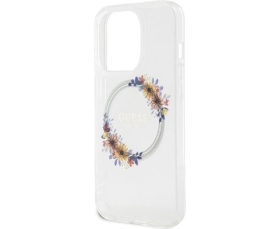 Guess GUHMP15LHFWFCT Hardcase IML Flowers Wreath MagSafe Aizsargapvalks priekš iPhone 15 Pro 6.1" / caurspīdīgs Neoriģinālie Maciņi