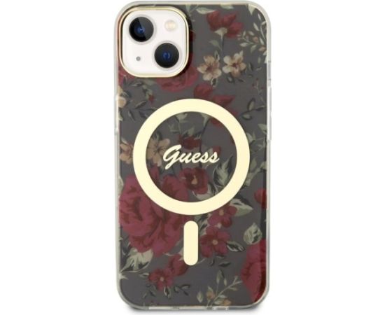 Guess GUHMP14SHCFWSA Hardcase Flower MagSafe Aizsargapvalks priekš iPhone 14 / 15 / 13 6.1" / haki Neoriģinālie Maciņi