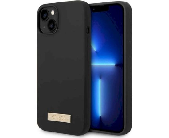 Guess GUHMP14MSBPLK Hardcase Silicone Logo Plate MagSafe Aizsargapvalks priekš iPhone 14 Plus / 15 Plus 6.7" / melns Neoriģinālie Maciņi