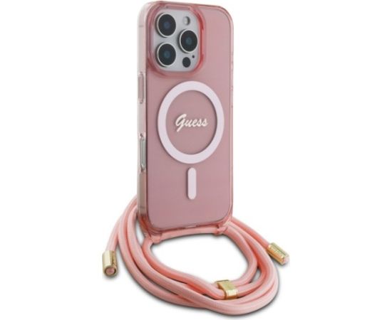 Guess GUHMP16LHCTSGNSP Crossbody Cord Script MagSafe Aizsargapvalks priekš iPhone 16 Pro 6.3" / rozā Neoriģinālie Maciņi