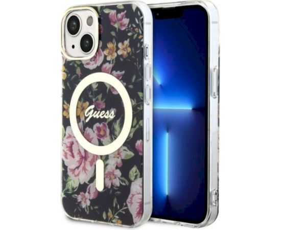 Guess GUHMP14SHCFWSK Hardcase Flower MagSafe Aizsargapvalks priekš iPhone 14 / 15 / 13 6.1" / melns Neoriģinālie Maciņi