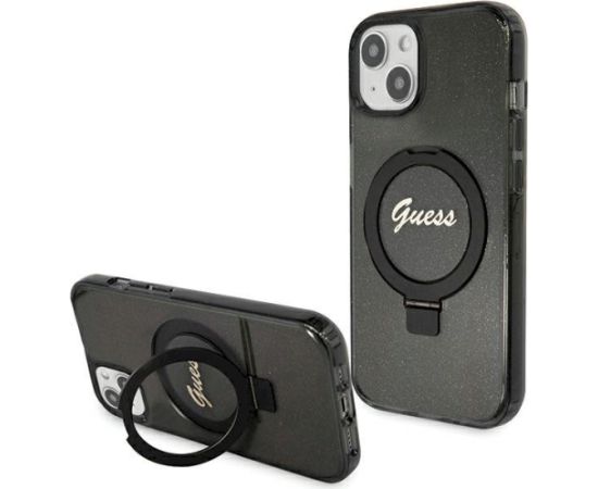 Guess GUHMP14SHRSGSK Hardcase Ring Stand Script Glitter MagSafe Aizsargapvalks priekš iPhone 14 / 15 / 13 6.1" / melns Neoriģinālie Maciņi