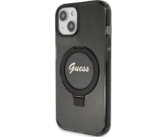 Guess GUHMP14SHRSGSK Hardcase Ring Stand Script Glitter MagSafe Aizsargapvalks priekš iPhone 14 / 15 / 13 6.1" / melns Neoriģinālie Maciņi